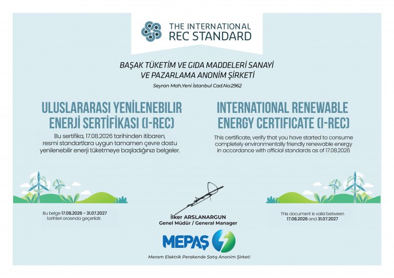 Başak Gıda, I-REC Yenilenebilir Enerji Sertifikasını Aldı